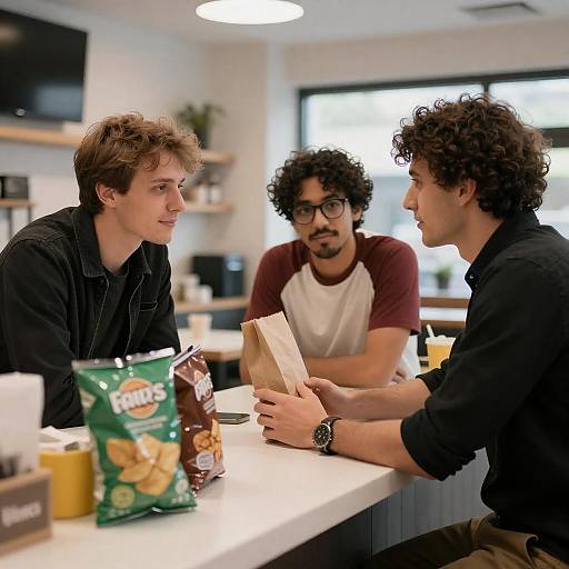 Three Men Conversing at Café Counter