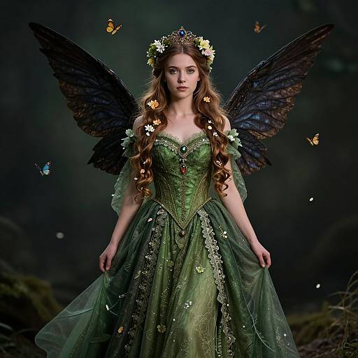 Photograph-style digital art of a fairy with long brown hair, green dress, black wings, flower crown, surrounded by butterflies, dark forest background.