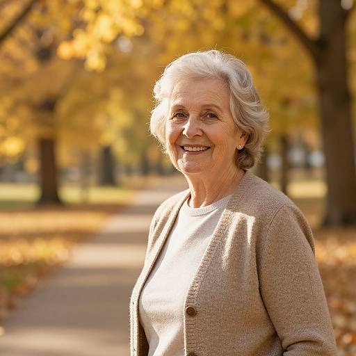 Photograph of an elderly woman with short, gray hair, smiling, wearing a beige cardigan over a white top, standing on a sunlit autumn