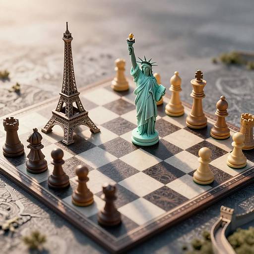 Chessboard with Global Monument Chess Pieces