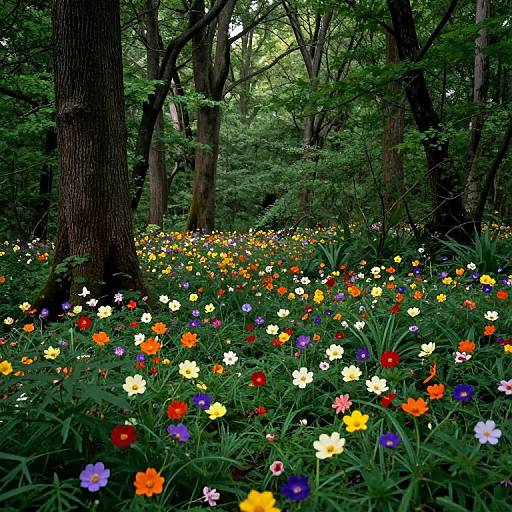 Photograph of a lush forest floor covered in vibrant wildflowers, including red, orange, yellow, blue, and white blooms, surrounded by tall trees