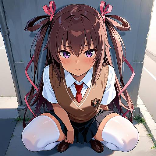 Squatting Girl Outdoors in School Uniform