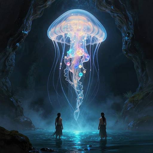 Digital fantasy artwork of two silhouetted figures standing in a misty, dark cave, gazing at a glowing, bioluminescent jelly