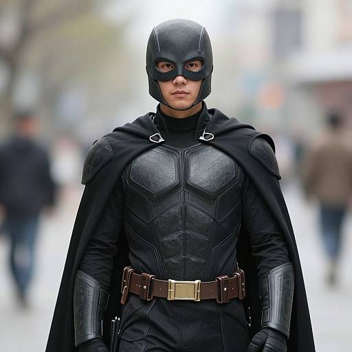 Photograph of a serious Batman in black costume with a cape, mask, and brown belt, standing in a blurred urban street.