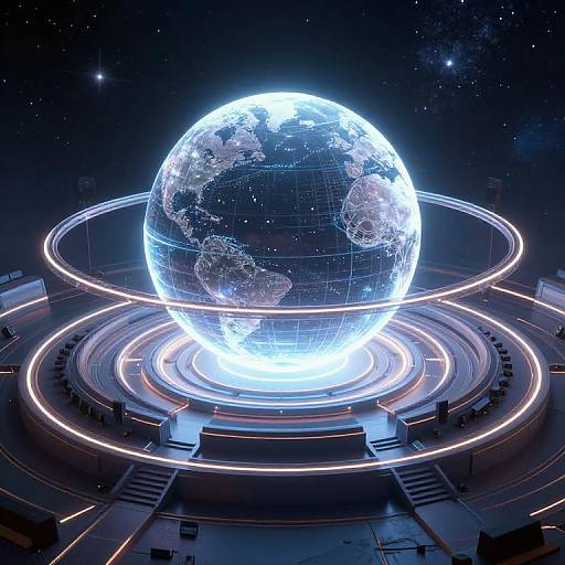 Digital CGI of a glowing, illuminated Earth with neon rings orbiting it, set on a futuristic, circular platform in space.