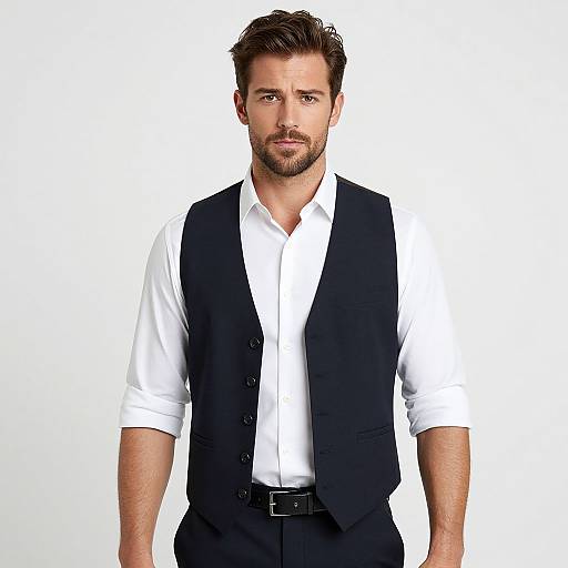 Photograph of a handsome, bearded man with short brown hair, wearing a white dress shirt and black vest, standing against a plain white background.