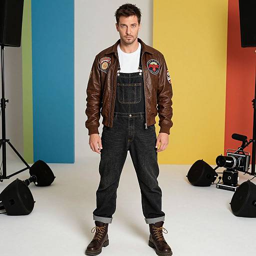 Photograph of a bearded man with short dark hair, wearing a brown leather jacket with patches, white t-shirt, black denim overalls, and