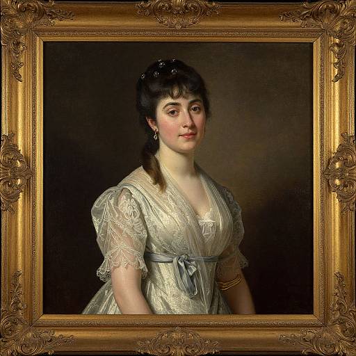 Painted portrait of a young Caucasian woman in a delicate, light green Victorian dress with lace, framed in an ornate gold frame. She has dark