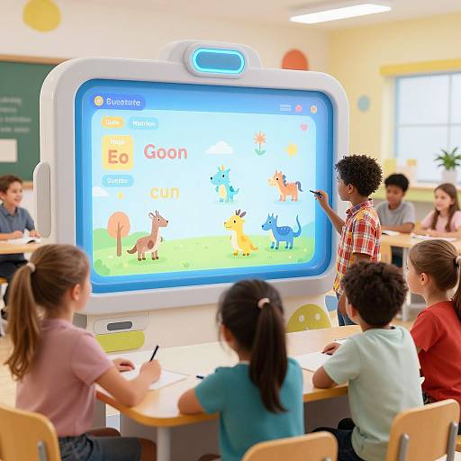 Photograph of diverse elementary school children engaging with a colorful, interactive animal display on a large, white, tablet-like device in a bright classroom.
