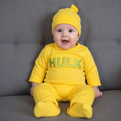 Photograph of a smiling baby in a bright yellow Hulk costume, including hat with a yellow fin, sitting on a gray couch.