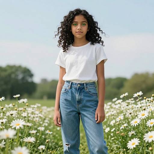 Photograph of a young girl with curly black hair, green eyes, wearing a white t-shirt and blue jeans, standing in a sunlit daisy