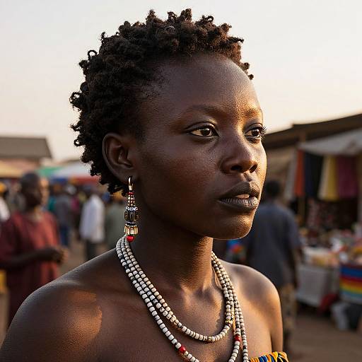 Photograph of a dark-skinned African woman with short, curly hair, wearing beaded necklaces and earrings, gazing thoughtfully at the camera