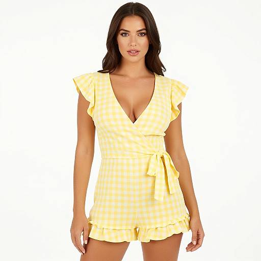 Photograph of a dark-haired woman with fair skin wearing a yellow, checkered, V-neck romper with short sleeves and ruffled hem, standing