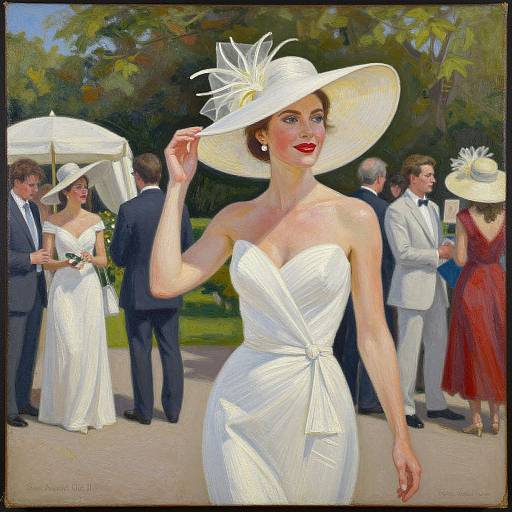 Digital painting of a sophisticated woman in a white strapless dress and wide-brimmed hat, smiling with red lipstick, surrounded by elegantly dressed guests