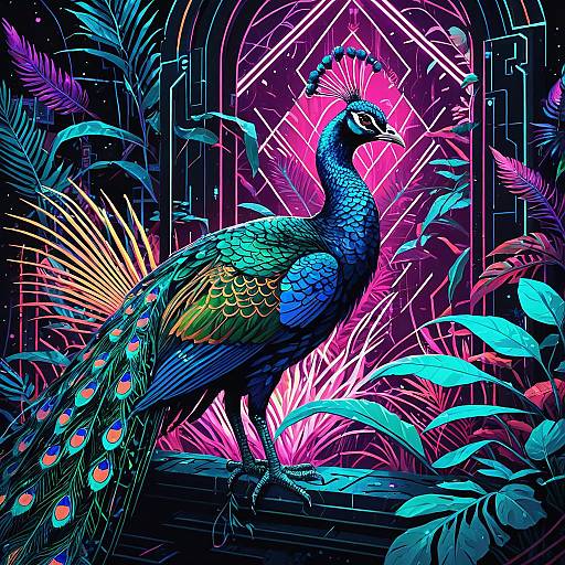 Cyberpunk Peacock in Neon Jungle