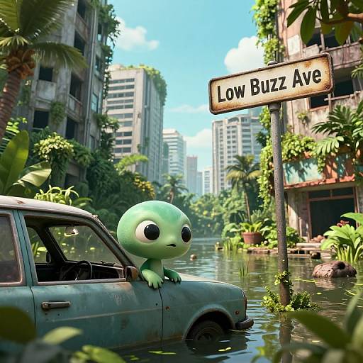 CGI image of a cute, green, alien-like creature with large eyes, sitting on a flooded, overgrown, abandoned car, in front of