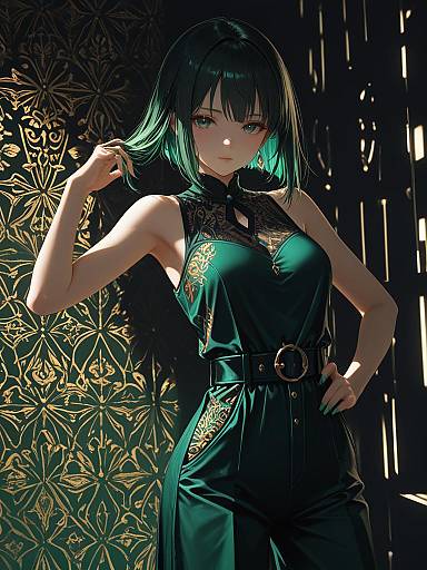 Chic Anime Woman in Bold Jumpsuit