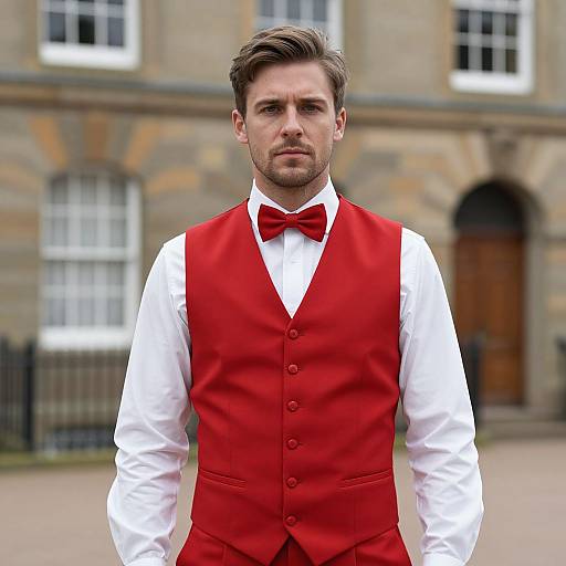 Photograph of a handsome, bearded man with short brown hair, wearing a white shirt and red vest with bow tie, standing in front of a
