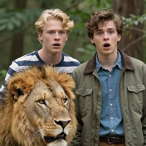 Surprised Men Encountering a Lion