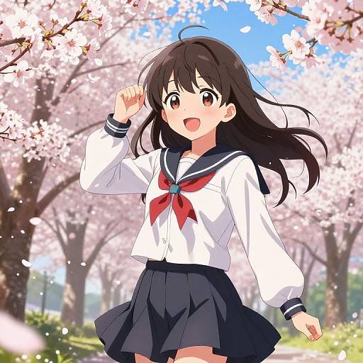 Cheerful Anime Girl in Sakura Park