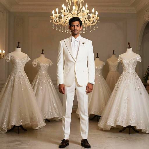 Photograph of a handsome South Asian man in a white suit standing in an elegant room with a chandelier, surrounded by five ornate, white,