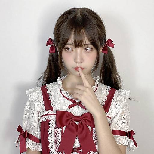 Shy Asian Woman in Red Lace Dress