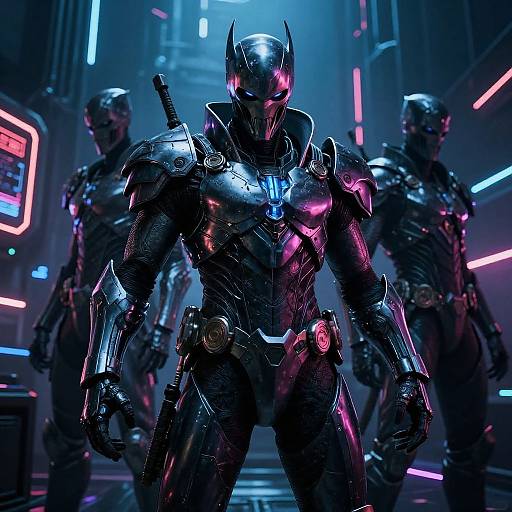Digital artwork of three futuristic, armored, neon-lit warriors in a dark, neon-lit corridor, with a central figure glowing pink and blue.