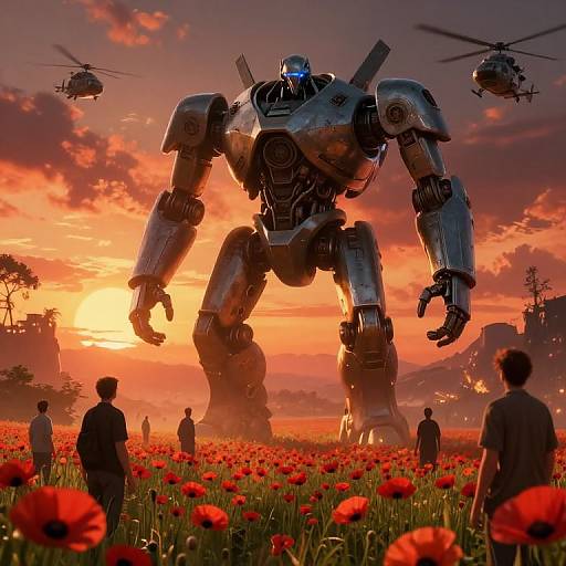 Photorealistic CGI: Giant metallic robot with glowing blue eyes stands in a vibrant red poppy field at sunset, surrounded by silhouetted humans