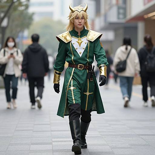 Photograph of a blonde woman in a green and gold fantasy cosplay outfit with horns, black gloves, and boots, walking down a city street with blurred