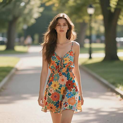 Young Woman in Floral Sundress on Park Path