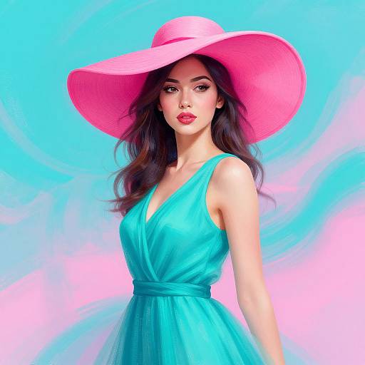 Digital artwork of a beautiful Asian woman with long black hair, wearing a bright pink wide-brimmed hat and a turquoise dress, against a vibrant blue