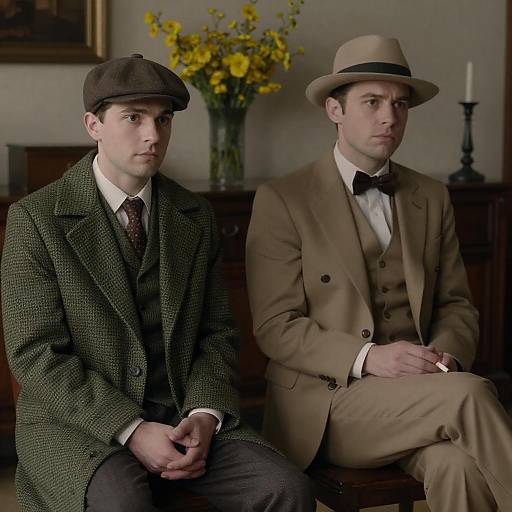 Two Men in Vintage Attire Sitting Indoors