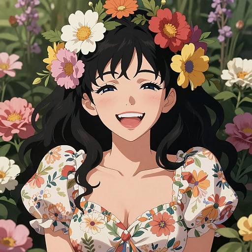 Anime-style digital drawing of a smiling woman with black hair, wearing a floral headband and dress, surrounded by colorful flowers.