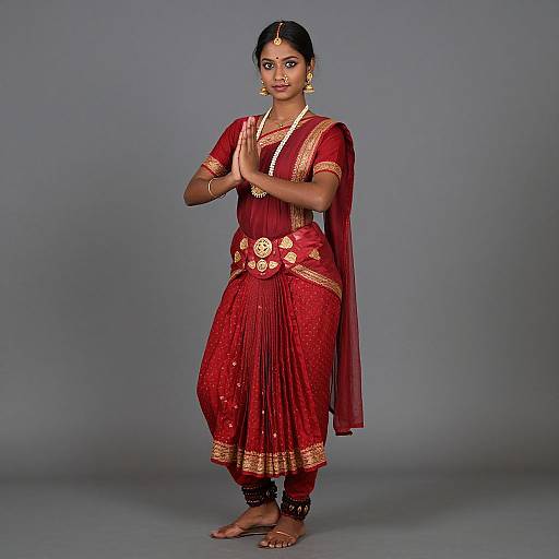 Photograph of a South Asian woman in a red traditional sari with gold embroidery, standing with hands in prayer pose, against a gray background.