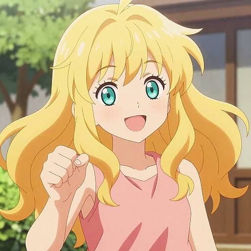 Anime-style digital drawing of a cheerful blonde girl with bright green eyes, wearing a pink sleeveless top, fists raised in excitement, with a blurred green