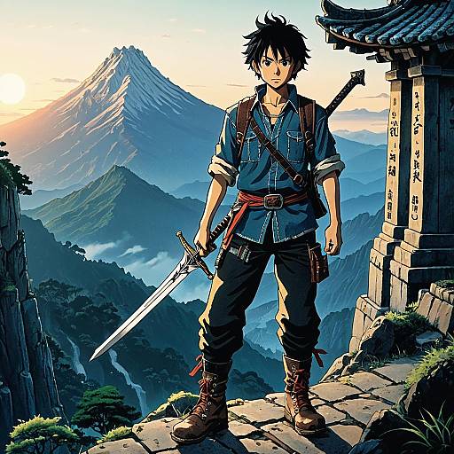 Anime Adventurer in Serene Mountain Temple