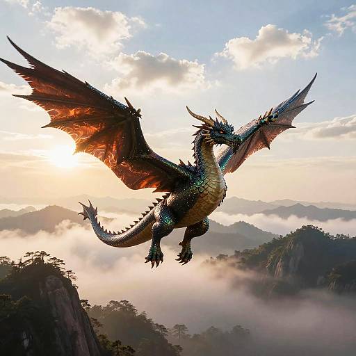 Dragon Soaring Over Misty Mountains