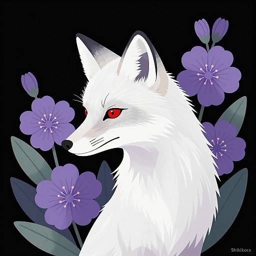 Majestic White Fox Among Purple Flowers