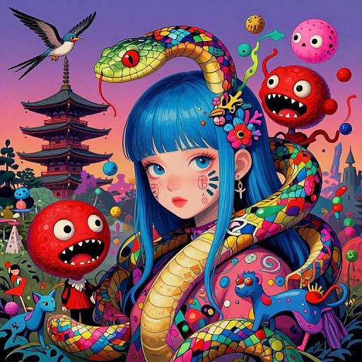 Surreal Blue-Haired Girl in Fantasy