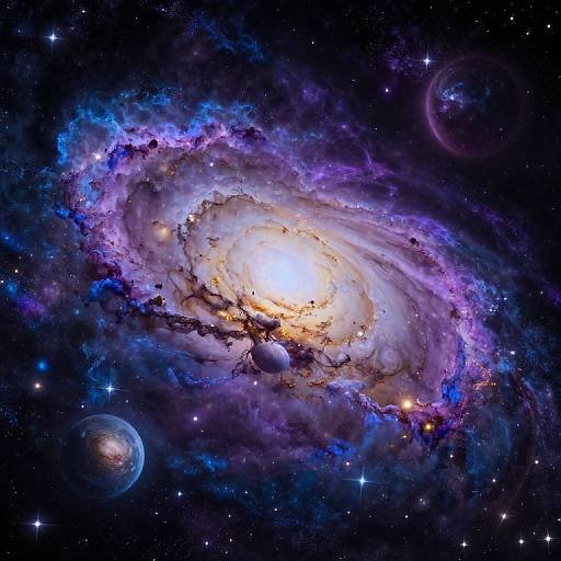 Photorealistic digital art of a vibrant, spiral galaxy with a bright, glowing core surrounded by purple, blue, and white nebulae, set