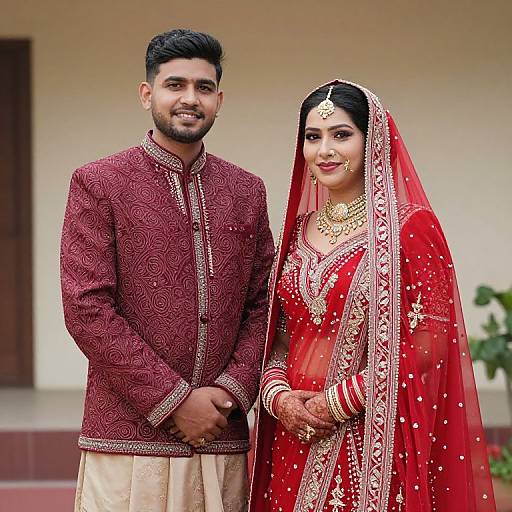 Photograph of a smiling South Asian couple in traditional wedding attire; groom in maroon sherwani, bride in red lehenga with gold embroidery and