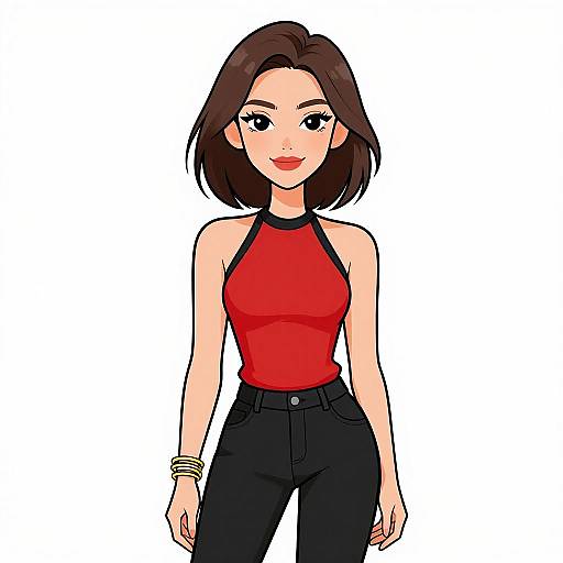 Digital illustration of a stylish woman with short brown hair, red halter top, black high-waisted pants, and gold bracelets, smiling confidently.