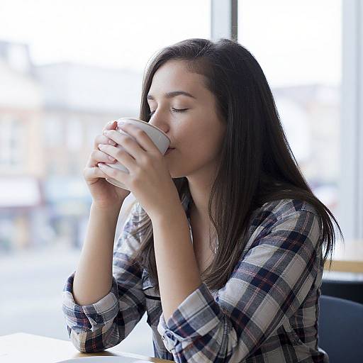 Photograph of a young woman with long brown hair, wearing a plaid shirt, sipping from a white cup, eyes closed, in a bright