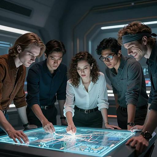 Team Analyzing Holographic Map in Sci-Fi Setting