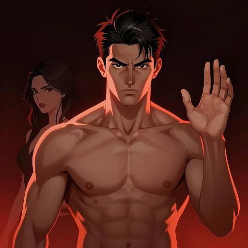 Muscular Man with Raised Hand and Woman in Red Light