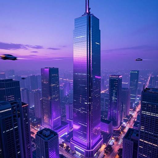 Photograph of a vibrant, neon-lit cityscape at dusk, featuring a towering, reflective skyscraper with purple lighting, surrounded by illuminated buildings and