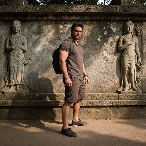 Photograph of a muscular man in a gray t-shirt and shorts, backpack, standing in front of ancient stone-carved female figures. Sunlight casts