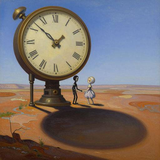 Digital painting: Giant clock with Roman numerals stands in desert, casting long shadow; two small, stylized figures, one dark-haired, one blonde