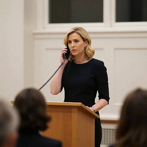 Serious Blonde Woman at Lectern