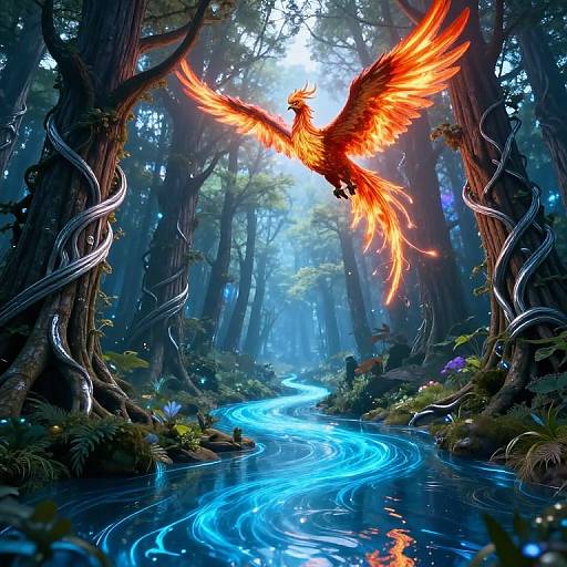 Digital fantasy artwork of a vibrant, fiery phoenix with outstretched wings soaring over a glowing blue river in a dense, enchanted forest. Twisted vines